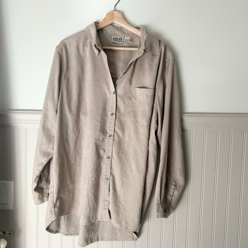 Vintage Chico’s 3 XL Beige Faux Suede Button Up Shirt Relaxed Fit Top